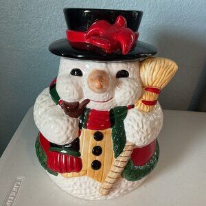 Vintage Rose Garden Snowman Cookie Jar Red White Christmas Decor Baking Holiday